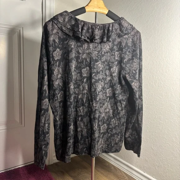 Lauren Ralph Lauren LRL Floral Ruffle Black Top Women’s XL Whimsigoth Cotton - Picture 2 of 3